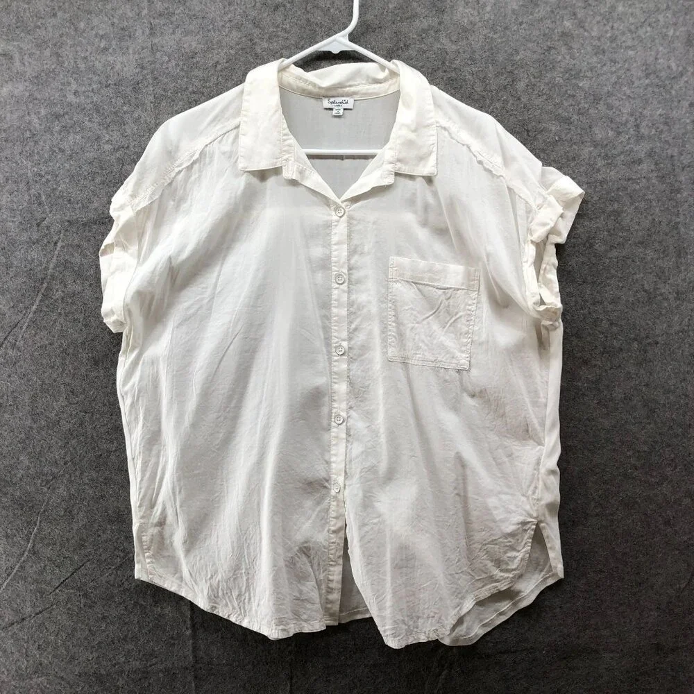 Splendid Short Sleeve Paige Shirt Womens L White Button Up Lightweight Raw Edge - Picture 1 of 10